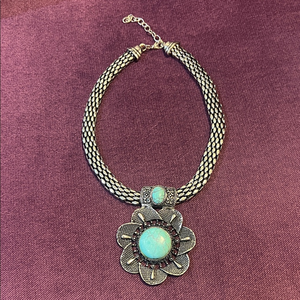 Turquoise and Silver Flower Pendant Necklace